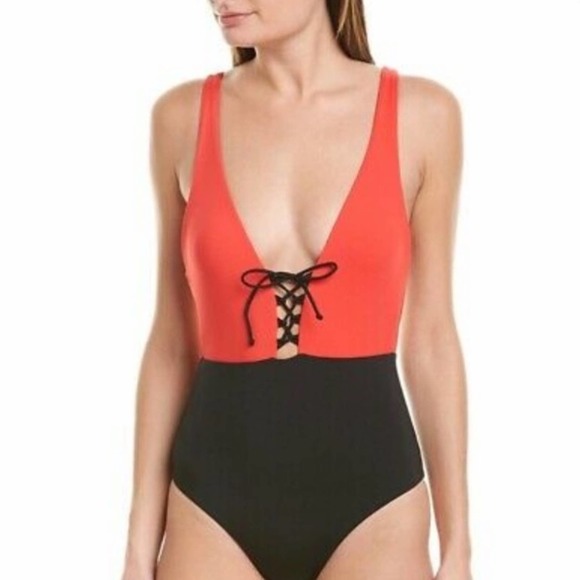 With Tags $175 Onia Iona Lace Up Plunge Swimsuit Size Large - Picture 2 of 11